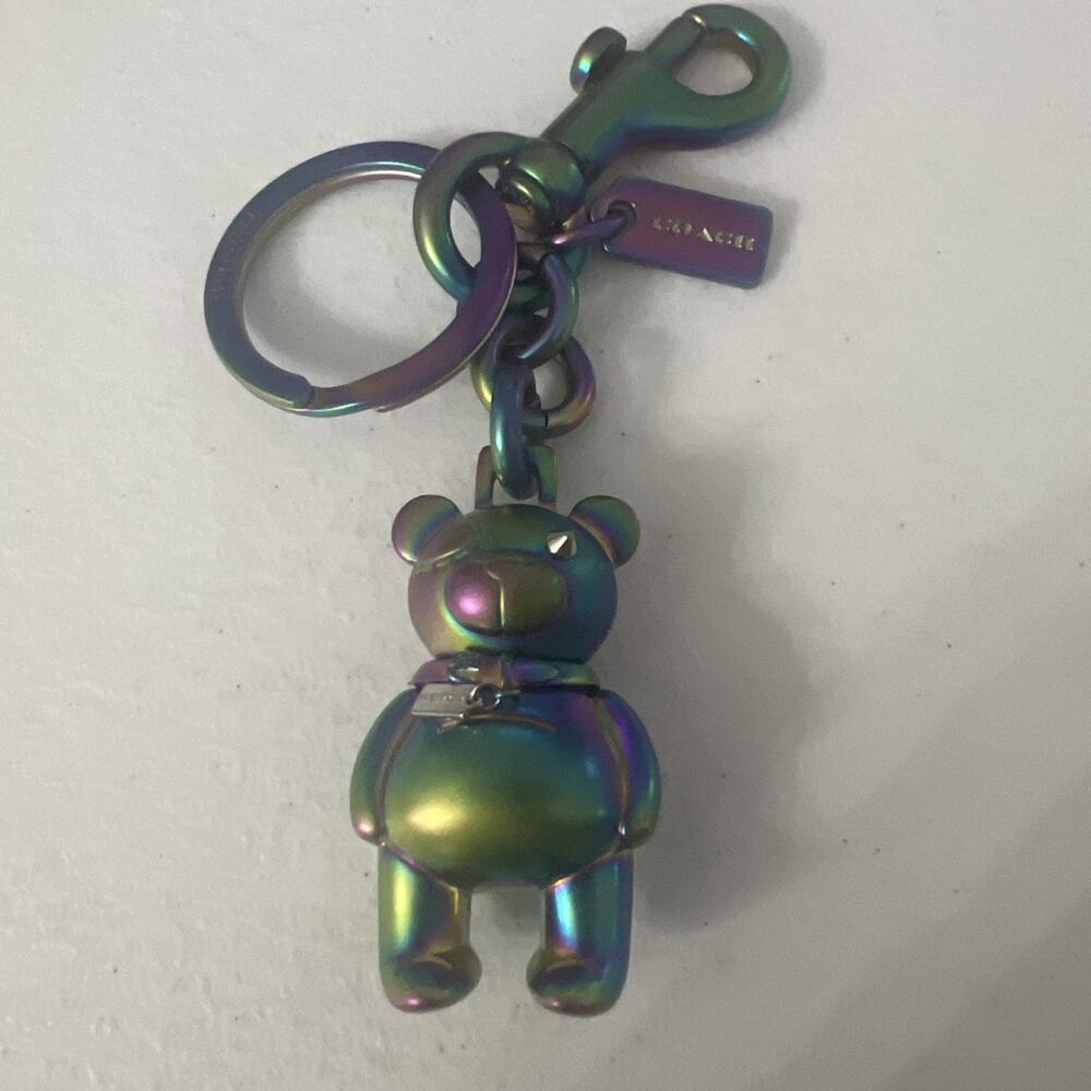 NWOT Coach Teddy Bear 3D Bag Charm Keyring FOB Oilslick Hologram Key Ring